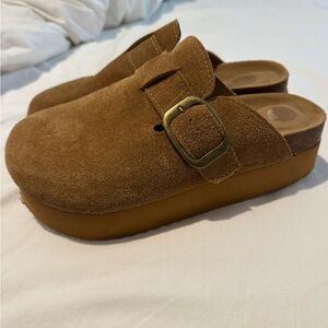 Suede Buckle Mules - Brown